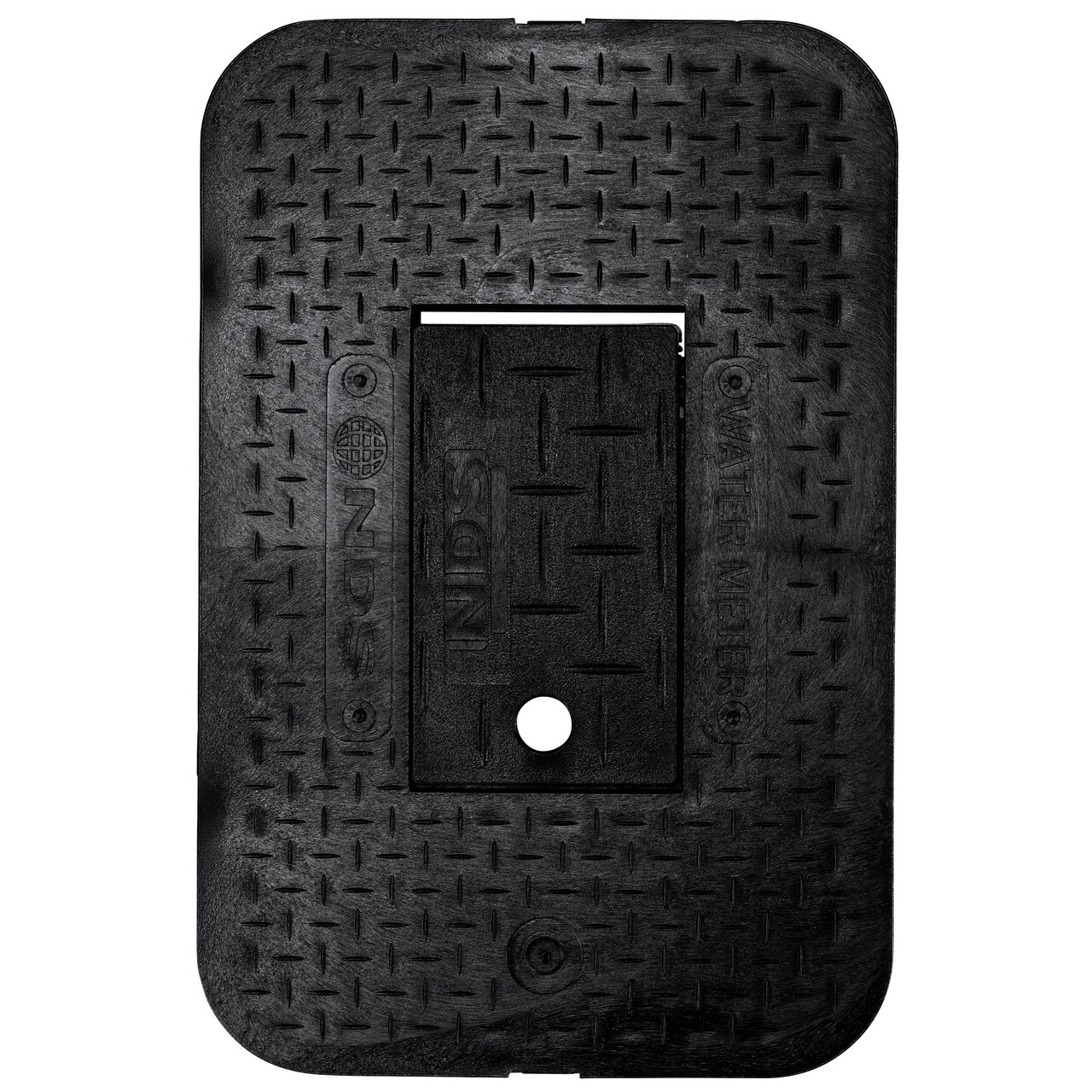 Top Down View of the top of 14 in. X 19 in. Drop-In Rectangular Black Plastic Water Meter Box Cover with Reader (NDS D1800-DIRB)