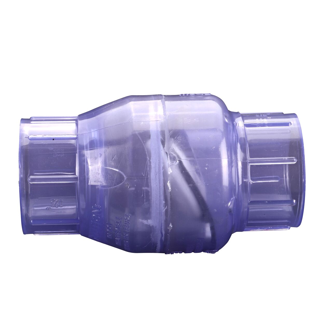 Side to side view of the NDS Clear 1-1/2 in. slip end by slip end PVC Swing Check Valve (NDS 1520C15) which prevents backflow in pipelines