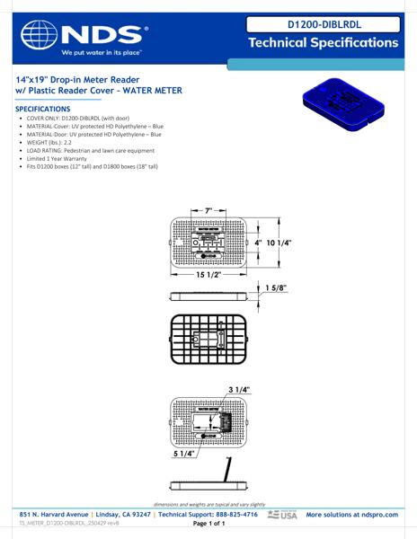NDS 14 in. X 19 in. Rectangular D1200 Meter Box Drop-in Cover, Blue Water Meter with Plastic Reader Tech Spec