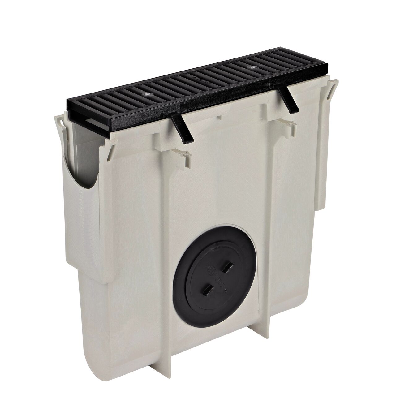 Cast Iron Dura Slope™ Channel Drain Grate (NDS DS-231) and the Dura Slope™ Channel Drain Frame (NDS DS-200H) installed on the NDS Dura Slope Inline Basin (NDS DS-340) with the plug secured