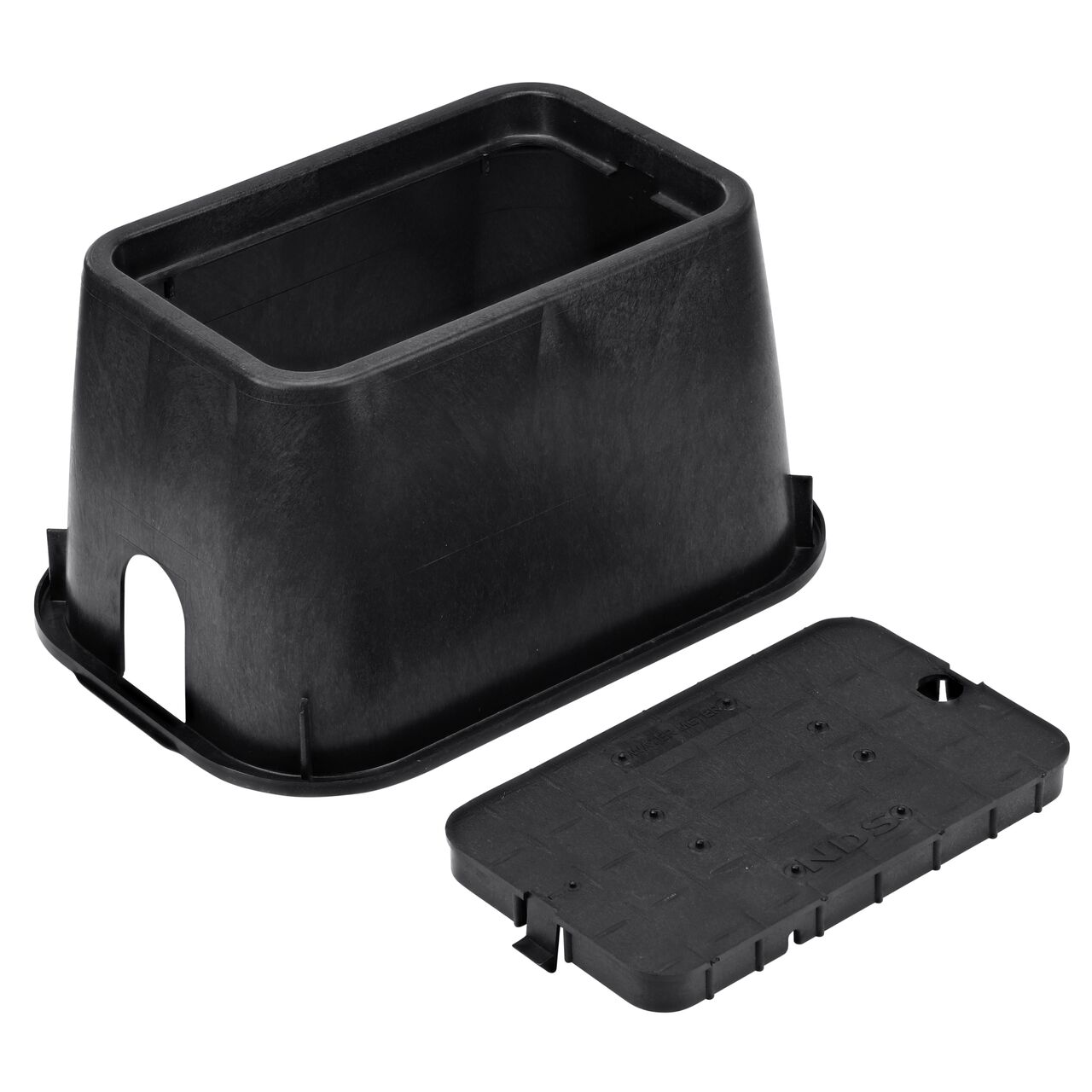 Unassembled View of the NDS 10 in. X 15 in. Black Rectangular D1000 Series meter box and Black Water Meter Drop-In lid cover (NDS D1000-SB) with plastic reader door