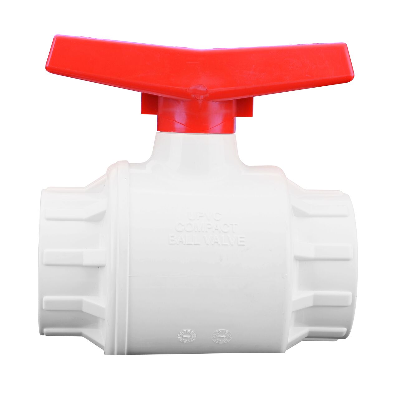 A closeup of the NDS IPS Ball Valve shows that the product can fits 2-1/2 in. IPS pipes in an irrigation or other pressurized system (NDS E1410-25)