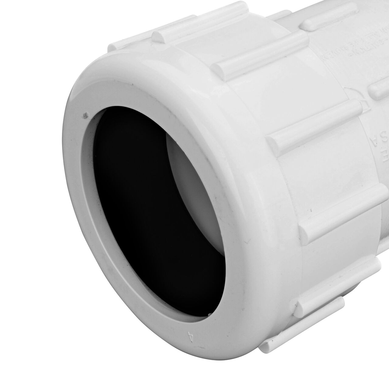 Closeup view of the NDS IPS PVC Male Adapters showing the 2 in. compression end with adjustable nut secured which reduces pull-out from pipe (NDS CPA-2000)