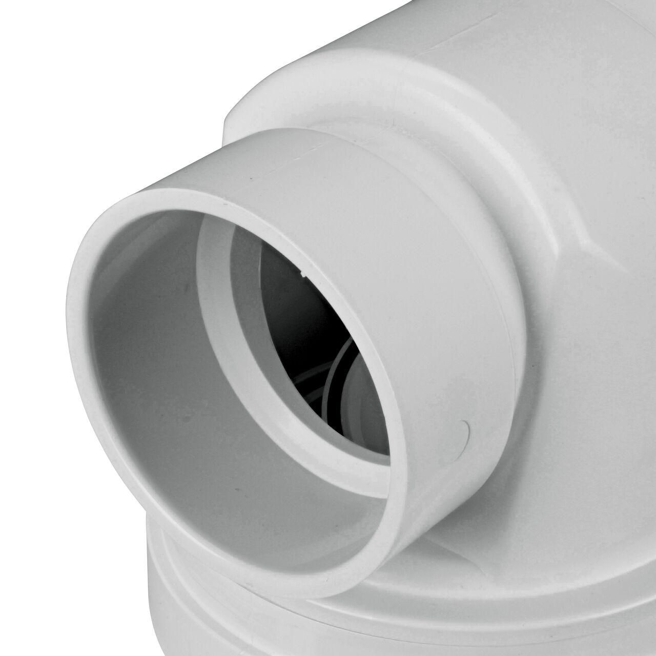 Closeup of the outlet end of the NDS 3 in. White PVC Backwater Valve with Riser and Cover (NDS 375PR) which fits DWV pipe