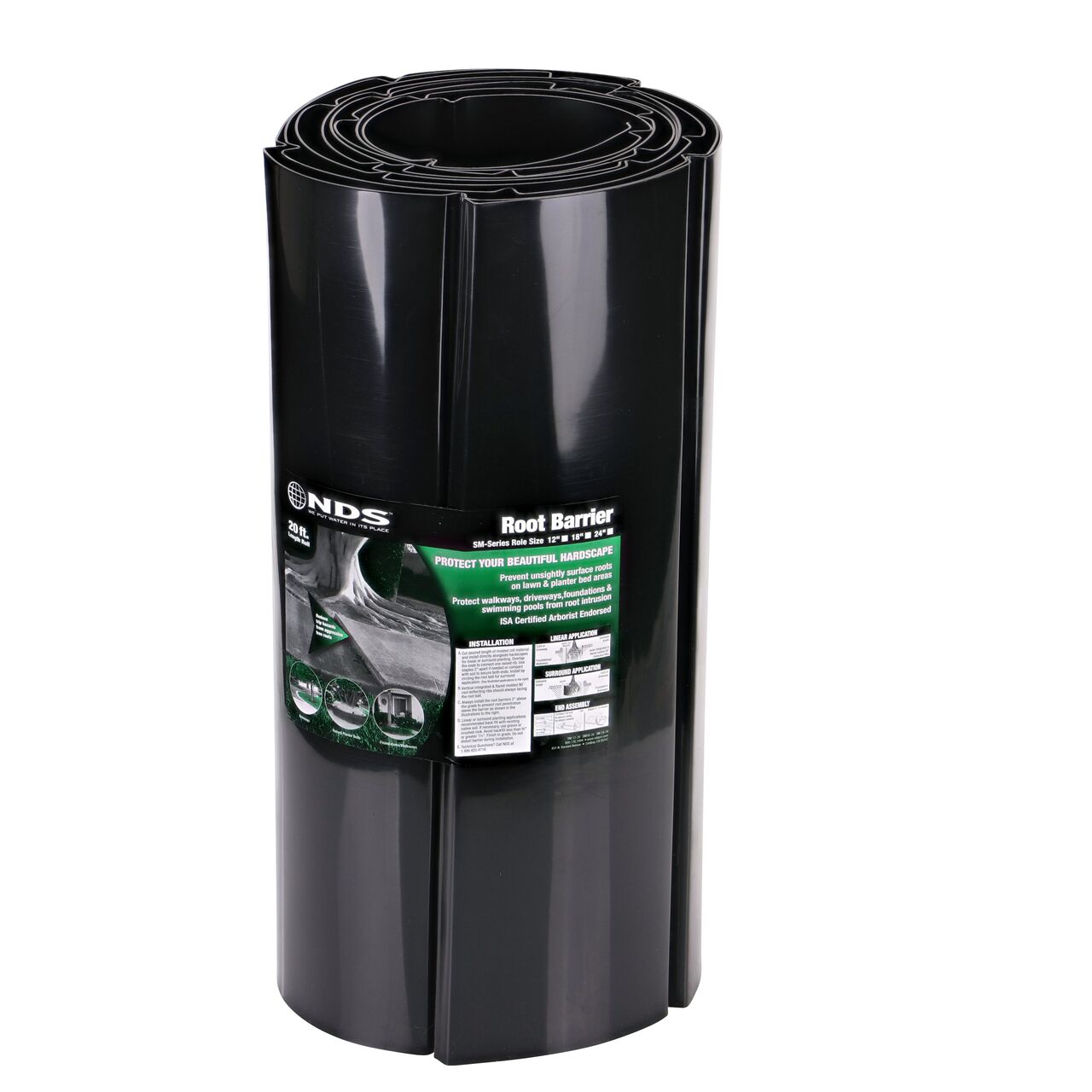 The 24 in. deep NDS Root Barrier Roll (NDS SM-2420) comes rolled with packaging label to hold it together