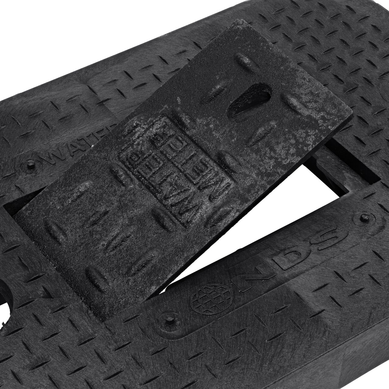 Close up view of the hinged side of the cast iron reader door on the cast iron Water Meter Drop-In 14 in. X 19 in. Rectangular Standard Series Meter Cover which allows for easy meter reading (NDS D1200-DICIRTRL)