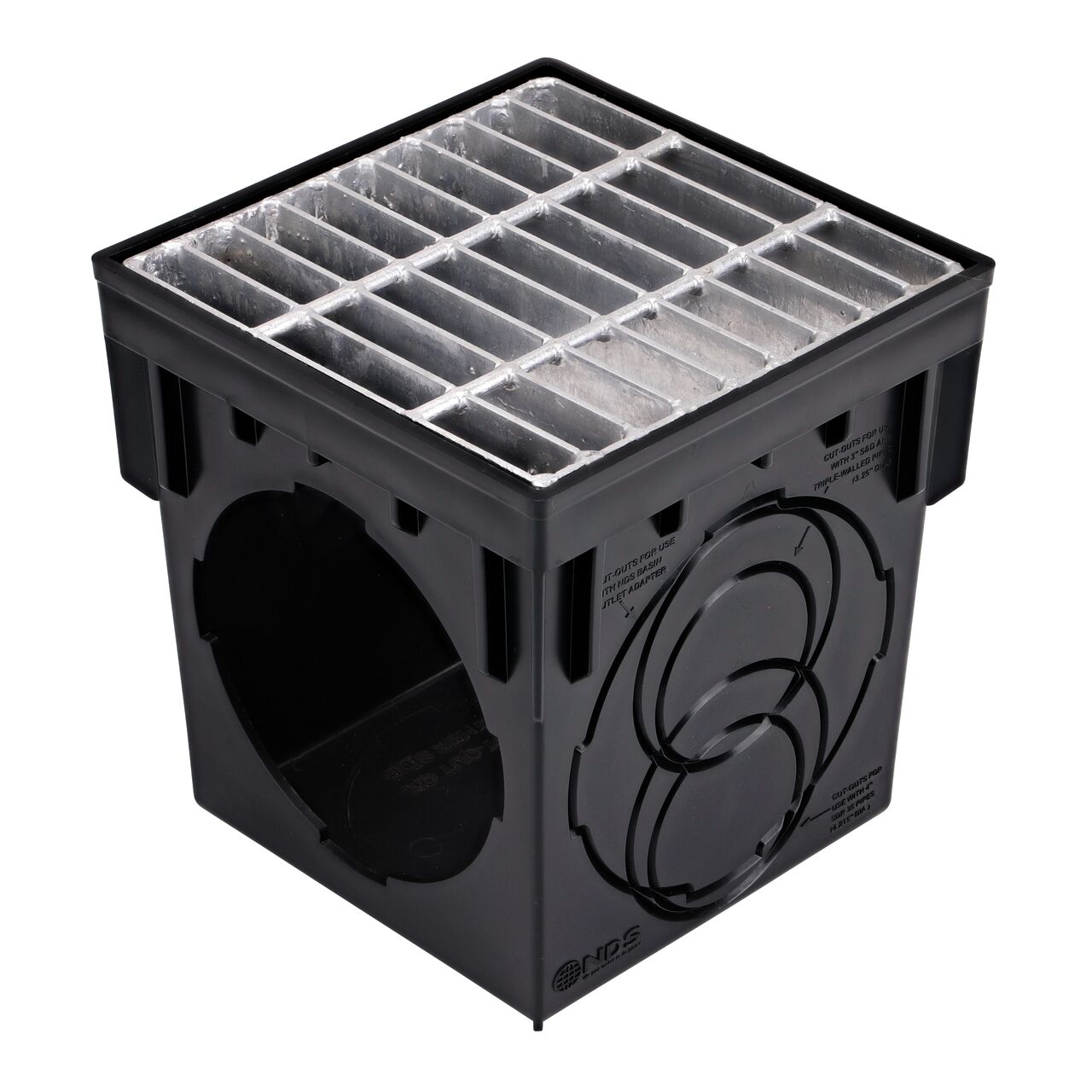 9 in. Galvanized Steel Grate (NDS 915) installed on a black plastic 9 in. Catch Basin Drain with 2 Openings (NDS 900)