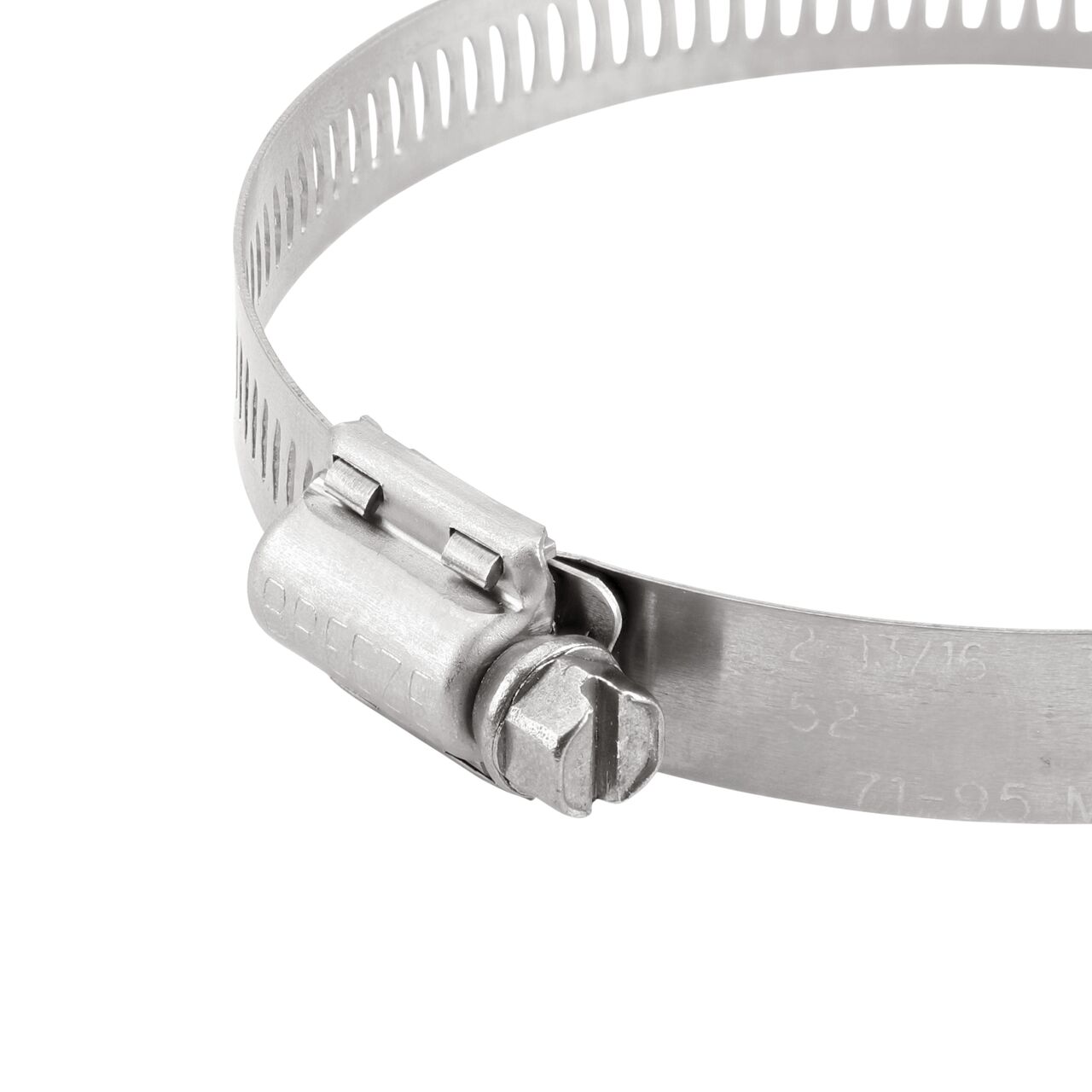 Closeup view of the NDS SAE 52 Worm Drive Hose Clamp with Aero Seal 1/2 in. band width (NDS 64052H) with a 5/16 in. 410 Stainless Steel hex screw; tighten to 30-45 in. lbs. torque to close