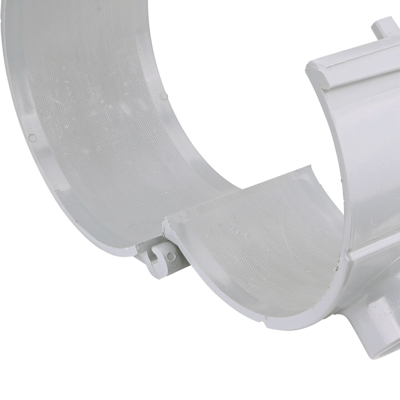Closeup of the hinge open on the NDS Clamp-It™ Rigid PVC Saddle with 2 in. slip connection on top (NDS 458020) for 8 in. PVC pipe