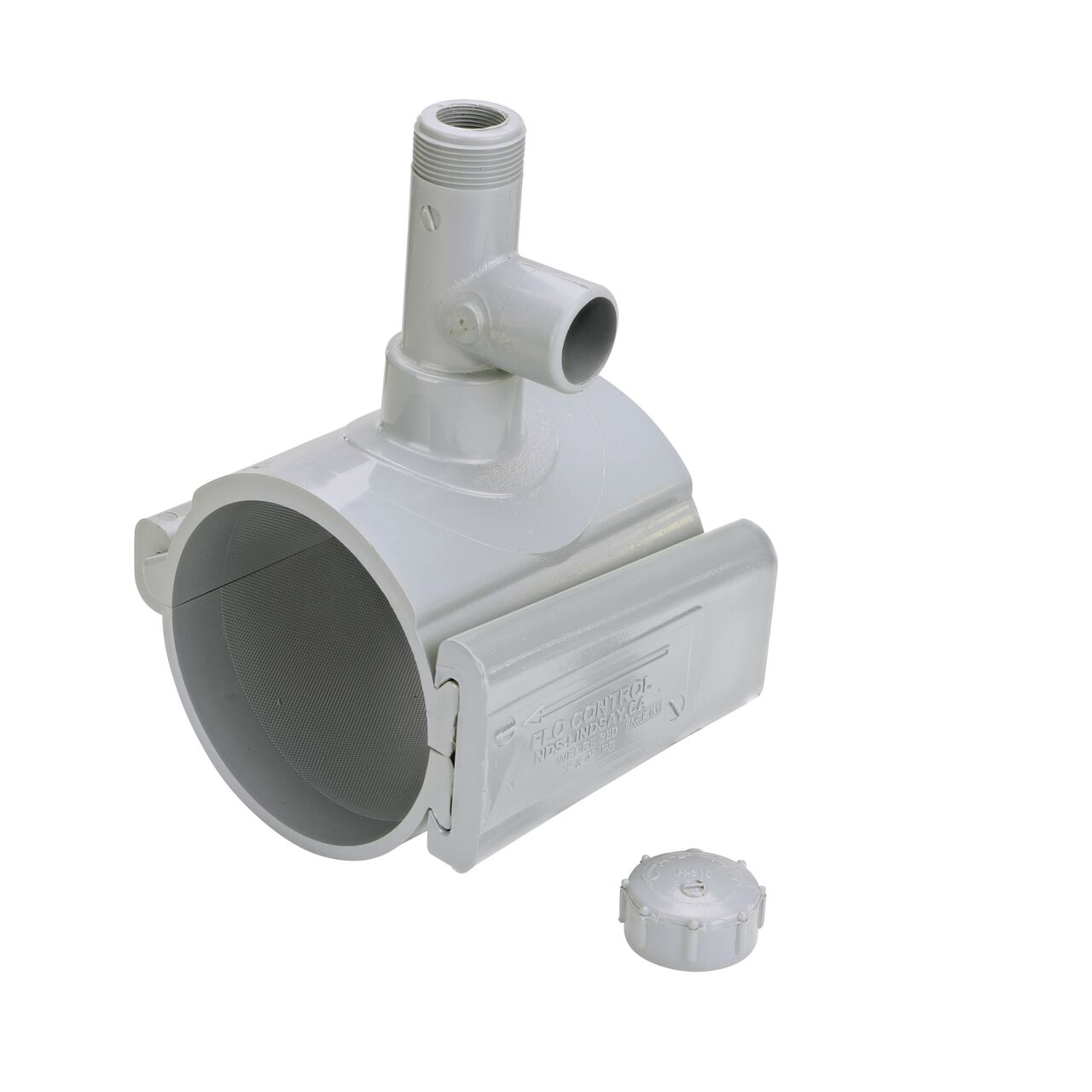 Unassembled view of the 4 in. NDS Flo-Tap™ Rigid PVC saddle with 3/4 in. socket or 1 in. spigot connection on top (NDS 3140) includes a patented wedge to secure on PVC pipe and built-in saw tooth cutter with cap at the top