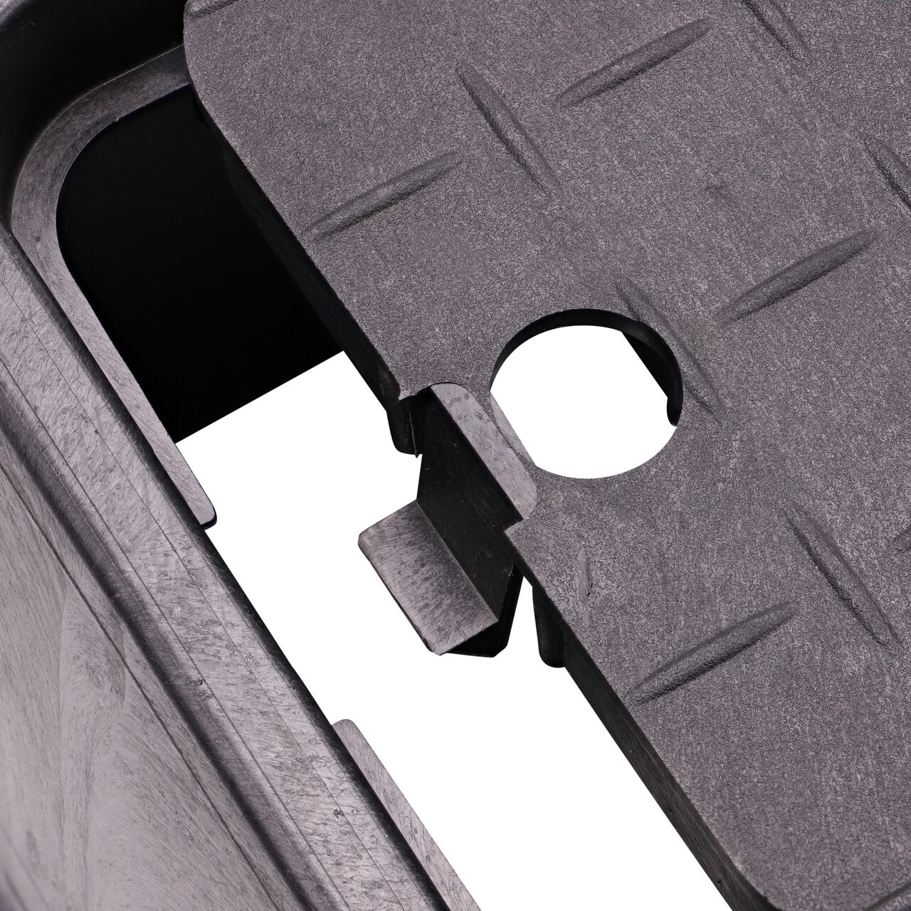 Align the bolt hole on the lid with the bolt hole from the NDS 10 in. X 15 in. Rectangular Standard Series Black Meter Box and Geen Irrigation Control Valve Cover (NDS D1000-SG) for a secure fit