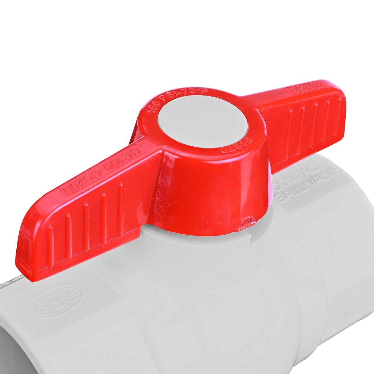 Closeup of the NDS 2 in. Slip IPS Ball Valve showing the handle that rotates two ways to control water flow (NDS E1410-20)