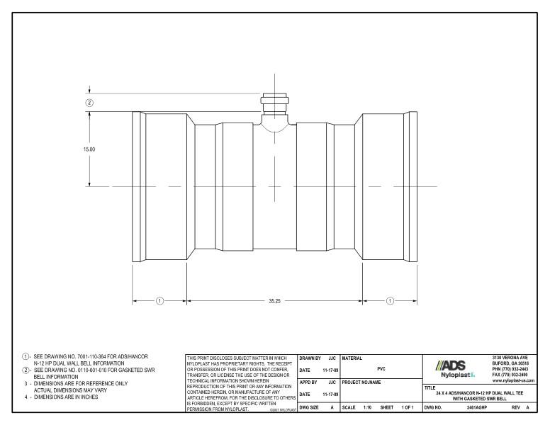 24 x 4 HP Tee with Gasketed SWR Bell Nyloplast Detail