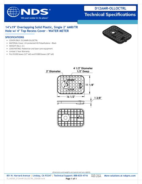 NDS 14 in. X 19 in. Rectangular Meter Box Locking AMR Cover, Black Water Meter with 2 in. Touch Reader Hole, 4 in. Recess Tech Spec
