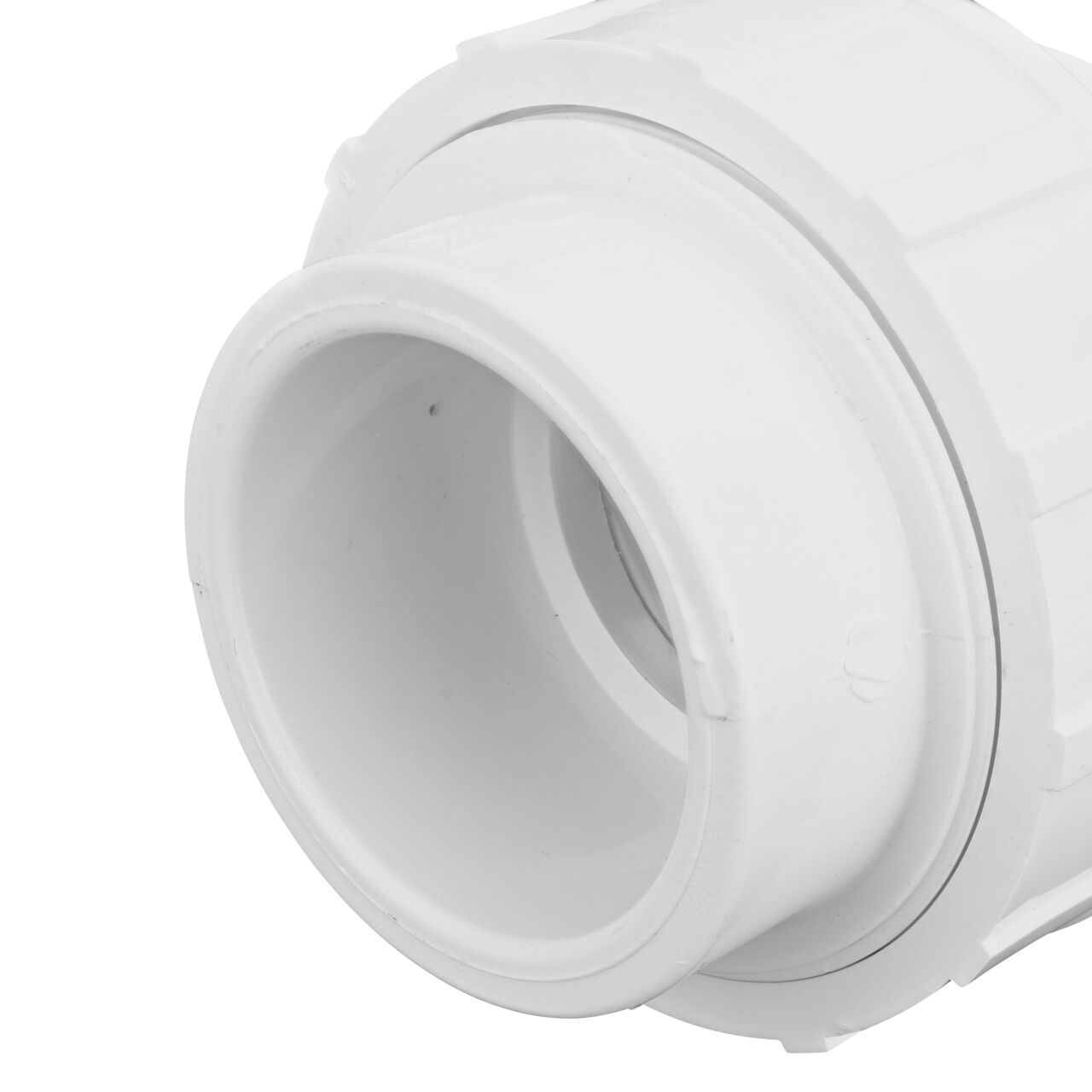 Closeup view of the other slip end on the PVC Union, 2 in. Sch. 40 S X S (NDS WU-2000-S) which provides a corrosion-free connection between pipes and prevents costly property damage