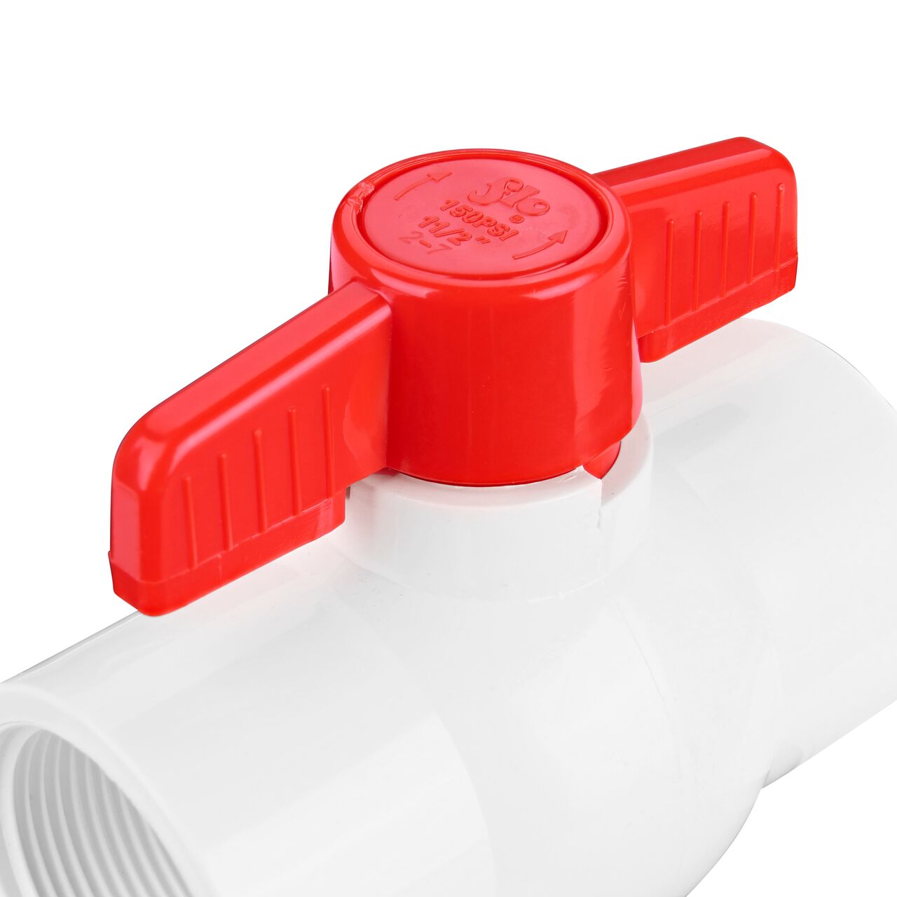 Closeup of the NDS IPS Ball Valve showing the handle that rotates two ways to control water flow (NDS E1320-15)