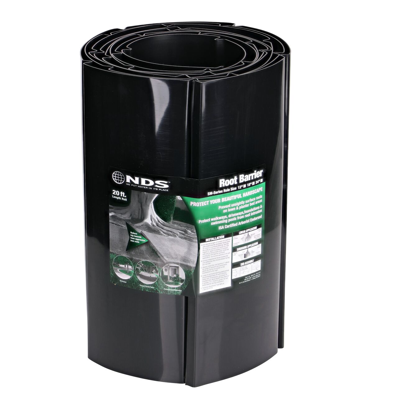 The 18 in. deep NDS Root Barrier Roll (NDS SM-1820) comes rolled with packaging label to hold it together
