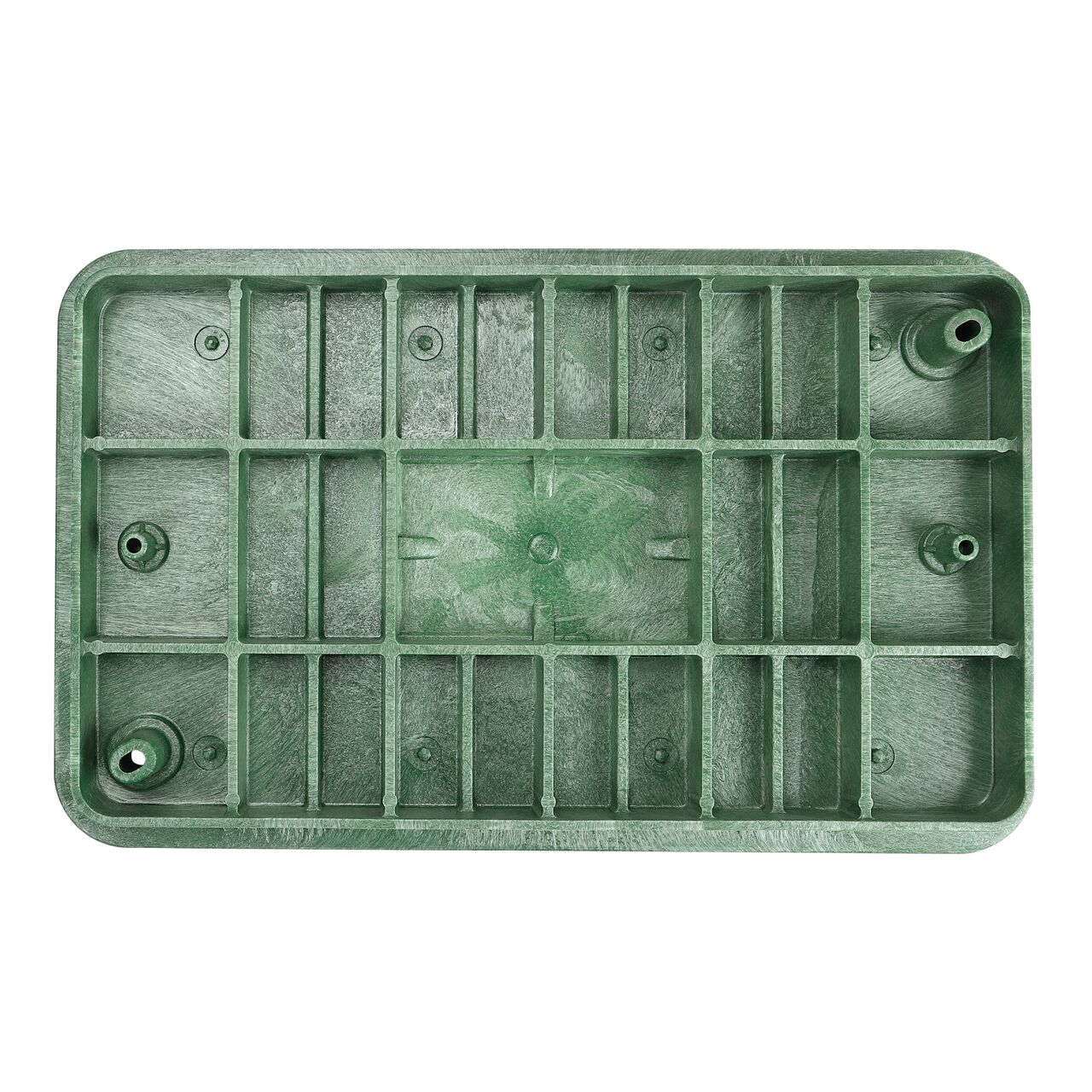 Top down view of the underside side of the Green Telecom cover (NDS 322BCBT) for the NDS 13 in. X 24 in. Rectangular Pro-Spec® Series valve box, showing reinforcing ribs that are load rated to withstand pedestrian traffic and the rigors of lawn care equipment