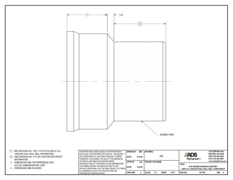 18" Sanded Manhole Adapter - N-12 Dual Wall Bell x SWR Spigot Nyloplast Detail