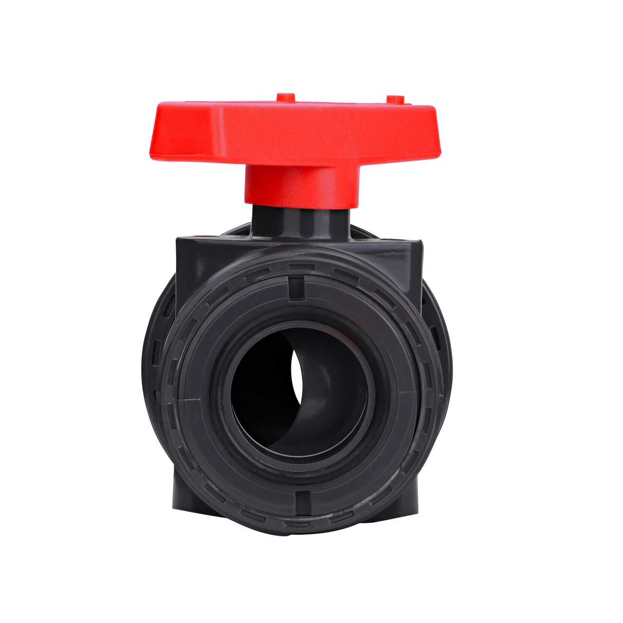 The The 2 in. PVC Slip & Threaded True Union Ball Valve shown with the connection end removed with the handle in the half-way closed position to show how ball valve provides a shut off point in the system
