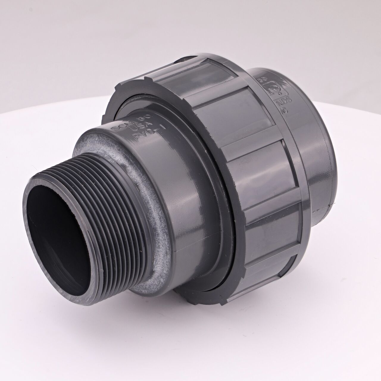The NDS 2 in. PVC S X MPT Union has a slip end that slides onto 2 in. Sch. 80 pipe end to create a leak-resistant connection without the need for traditional glued sealant (NDS U-2000-SM)