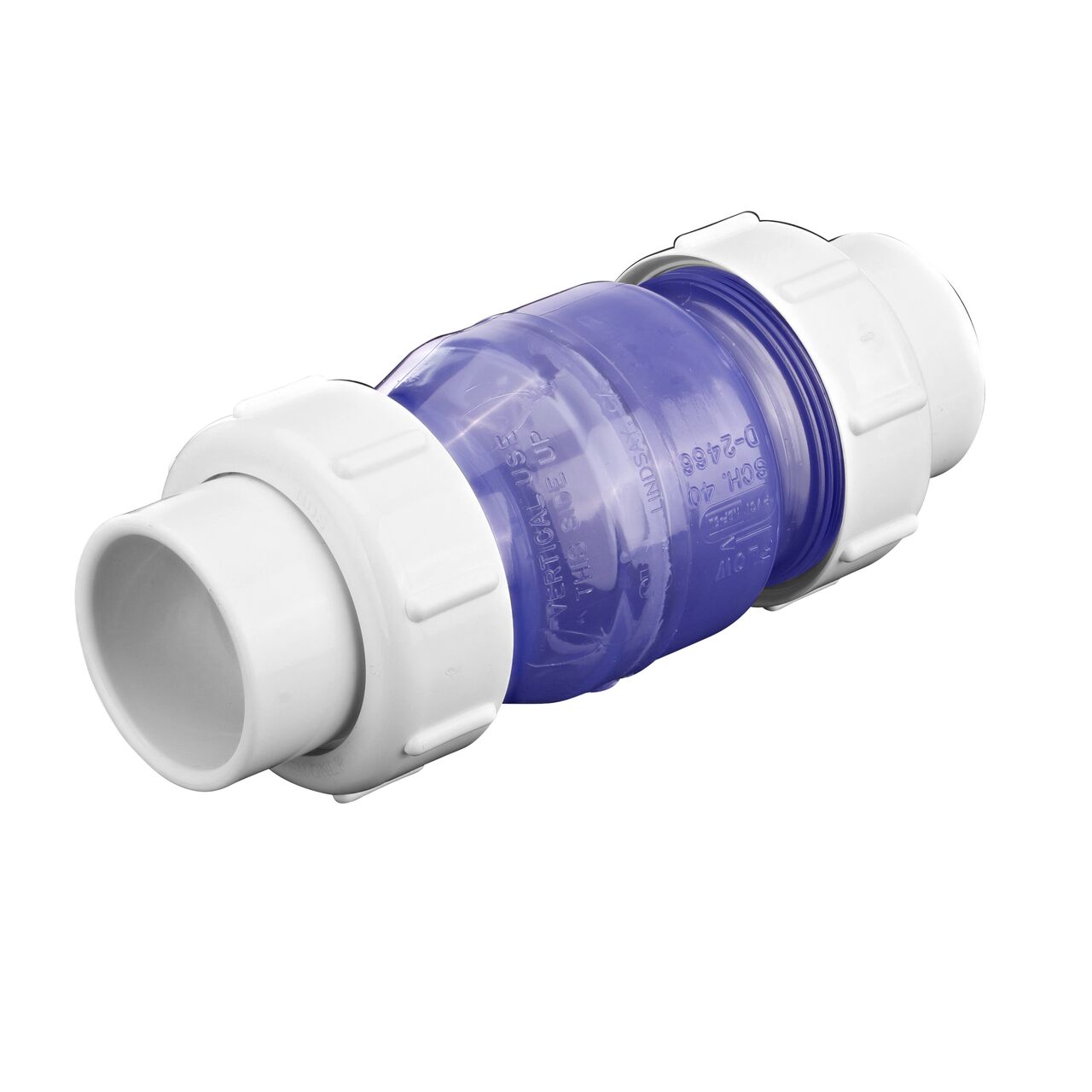 The clear NDS 1-1/2 in. PVC True Union Swing Check Valve (NDS 1720C15) directs water flow one-way through pipe