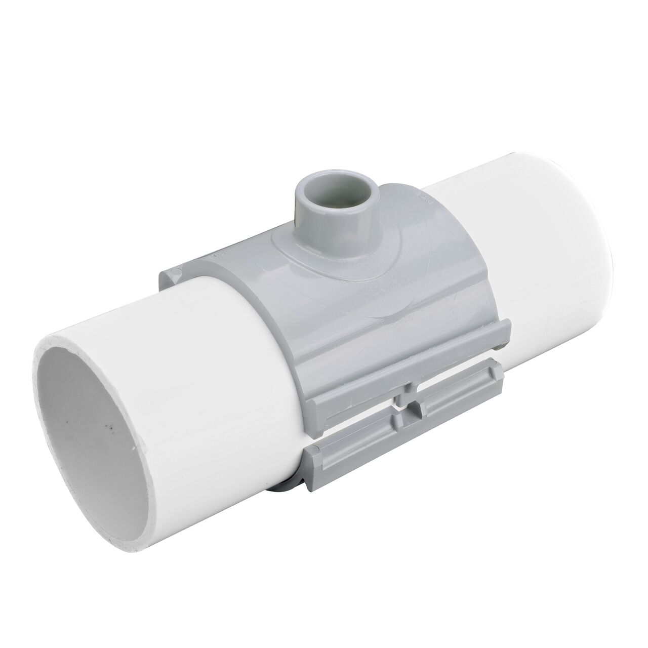 The NDS Clamp-It™ Rigid PVC Saddle with 1 in. slip connection on top (NDS 454010) clamps onto 4 in. PVC pipe