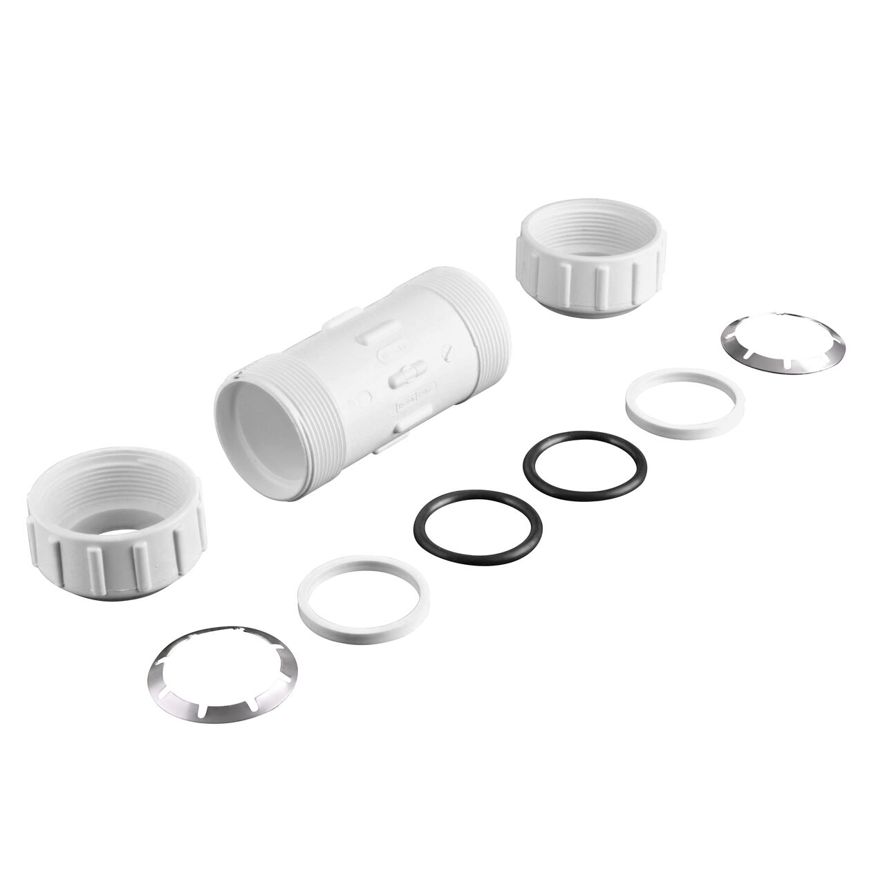 Completely Unassembled NDS 1 1/2 in. Flo Lock PVC Gripper Coupling (NDS 112-15) showing the steel gripper and EPDM O-Ring