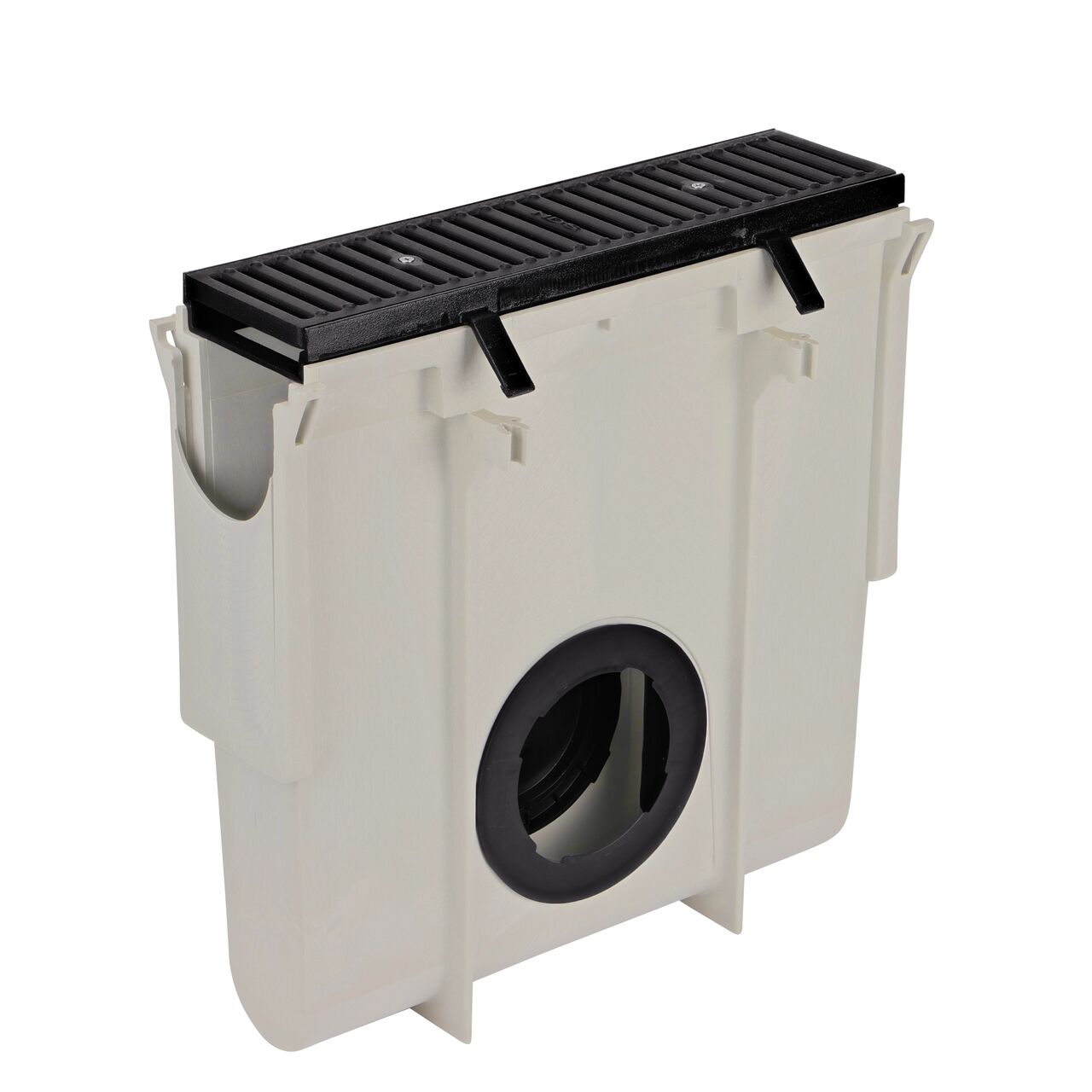 Cast Iron Dura Slope™ Channel Drain Grate (NDS DS-231) installed on a Dura Slope™ Channel Drain Frame (NDS DS-200H) on the NDS Dura Slope Inline Basin (NDS DS-340) with plug installed on back side