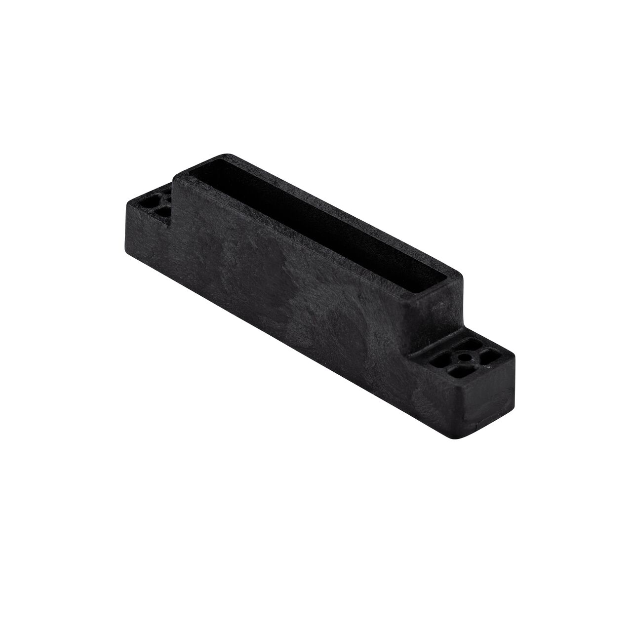 Angled view of the bottom of the Slotted Black Plastic Dura Slope™ Channel Drain EZ-Track™ Radius Coupling Grate (NDS DS-663MG)