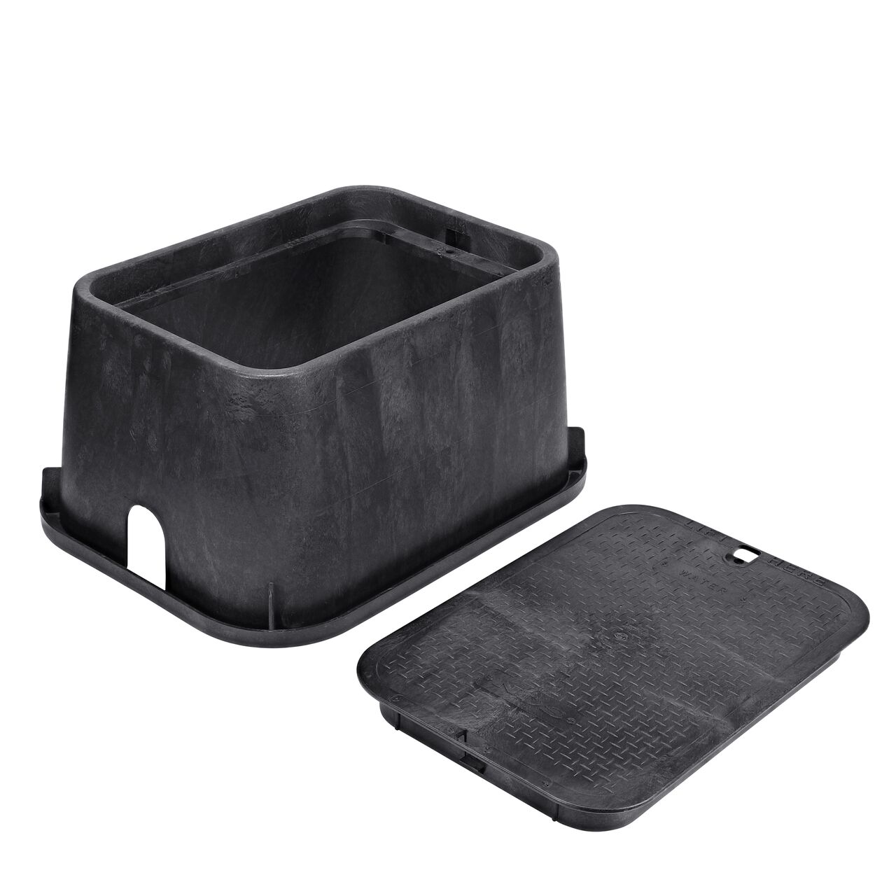 Unassembled View of the NDS 13 in. X 20 in. Black Rectangular Standard Series valve box and Black Water overlapping cover (NDS 117BCW)
