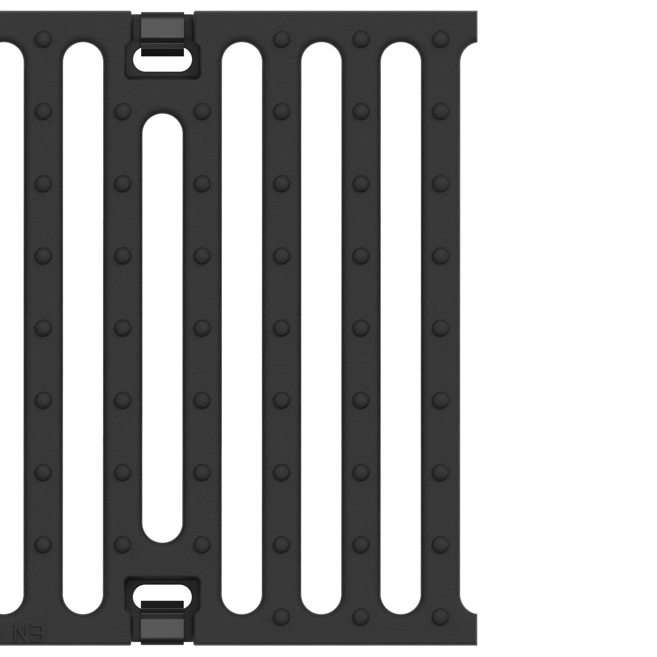 Closeup view of the end on the class E load ductile iron bar design BG-FILCOTEN® 200 Trench Drain Grate (NDS 17020105) showing clips