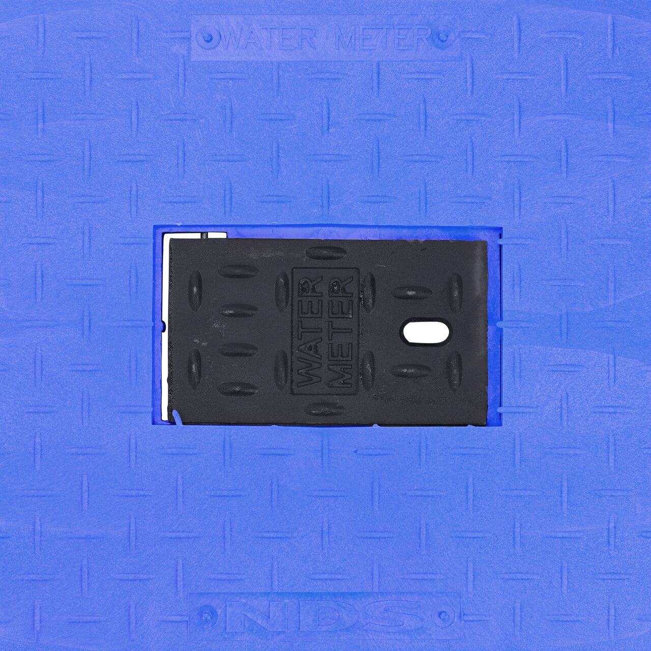 Closeup view of the Water Meter markings and Cast Iron reader door on the Blue Water Meter Drop-in cover for the NDS 13 in. X 20 in. Rectangular Standard Series Meter Cover (NDS D1500-DICIRBLU)