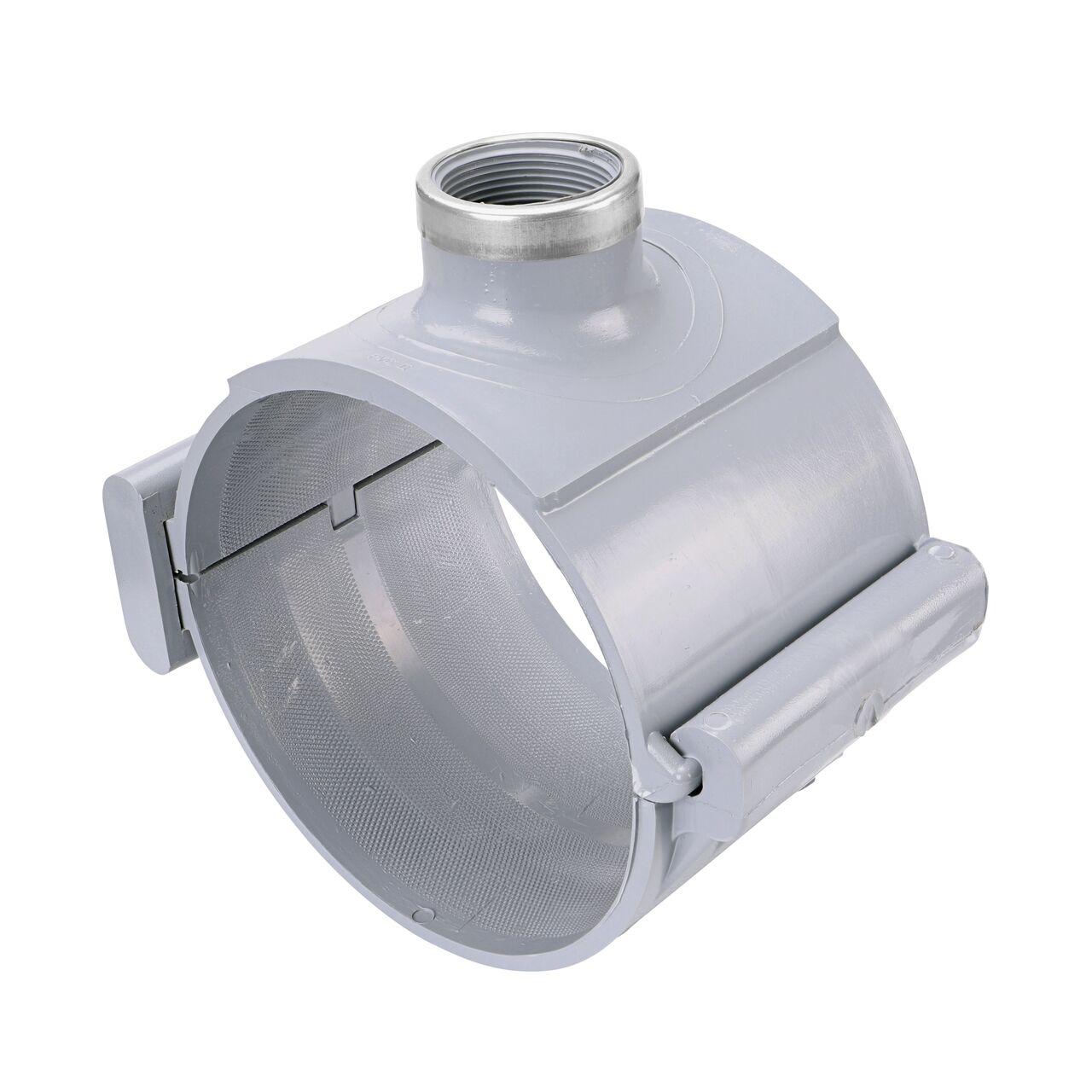 The NDS Clamp-It™ Rigid PVC Saddle with 1-1/2 in. FPT connection on top (NDS 446015) for 6 in. PVC pipe has a patented wedge design on one side and hinge on the other to install a sprinkler irrigation system to existing pipe without any bolts