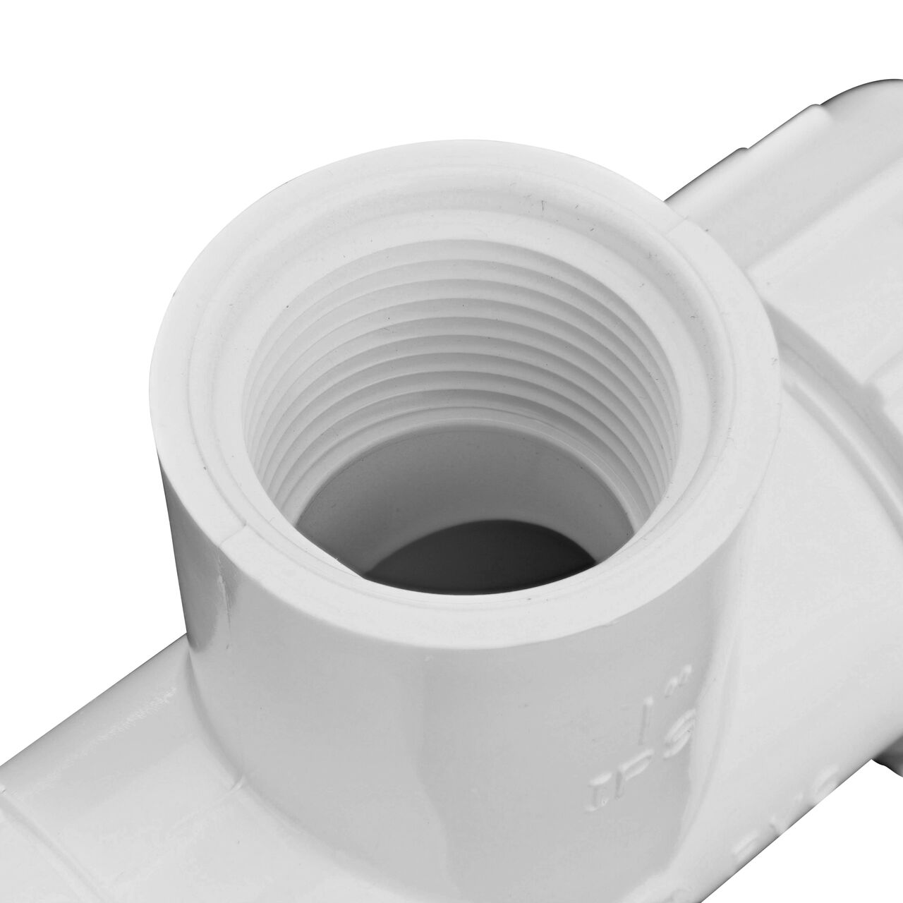 Closeup view of the NDS 1 in. IPS UC X FPT Compression Tee showing the FPT threaded end that connects to MPT pipe and adds a "T" intersection to create a lateral branch in your flow system (NDS CPT-1000-T)