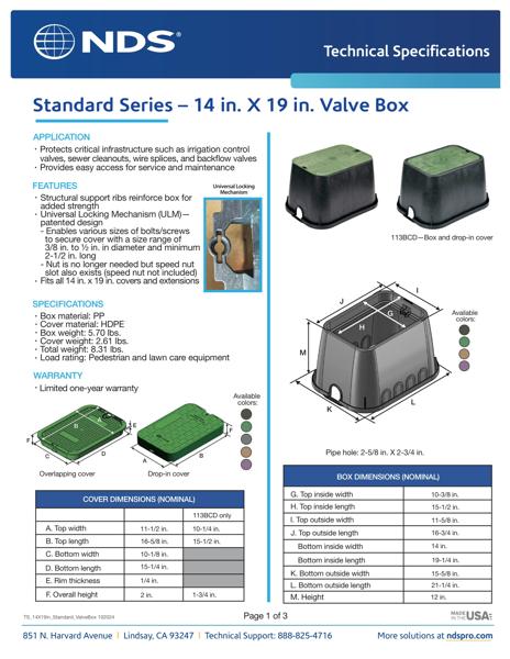 NDS 14 in. X 19 in. Rectangular Standard Series Valve Boxes & Covers Tech Spec