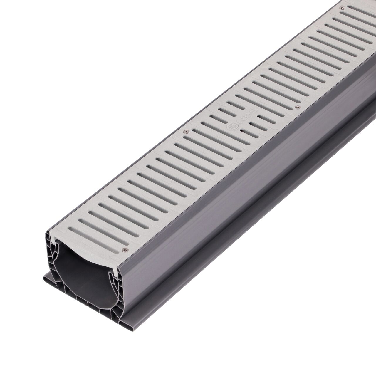 Hero shot of the Spee-D® Channel Drain Assembly with Channel & Prefastened Gray Plastic Grates (NDS 400-10WH)