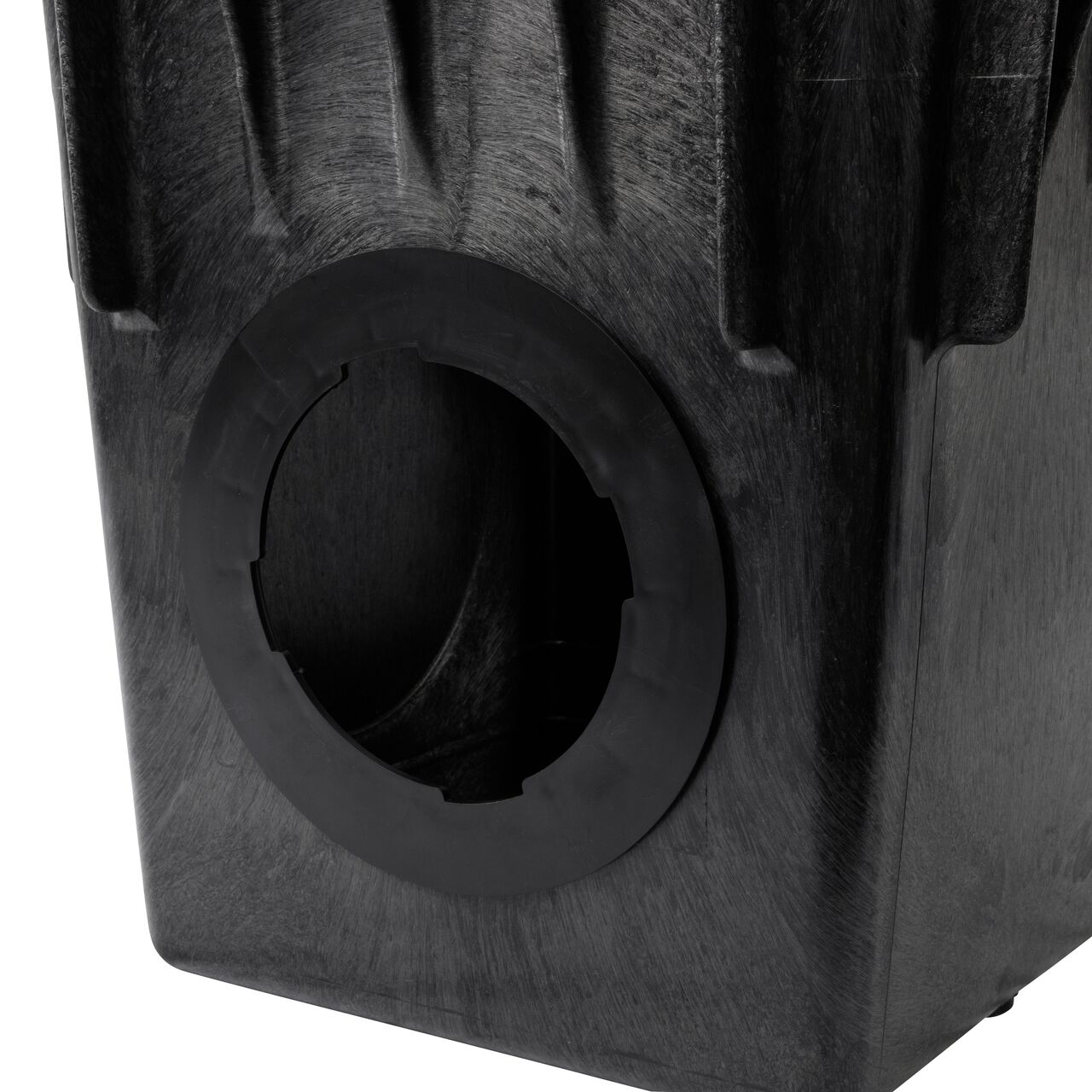 Closeup view of the outlet on the NDS 18 in. Catch Basin Drain with two-opening outlets (NDS 1882) with the NDS Reducer Ring attached (NDS 1890)