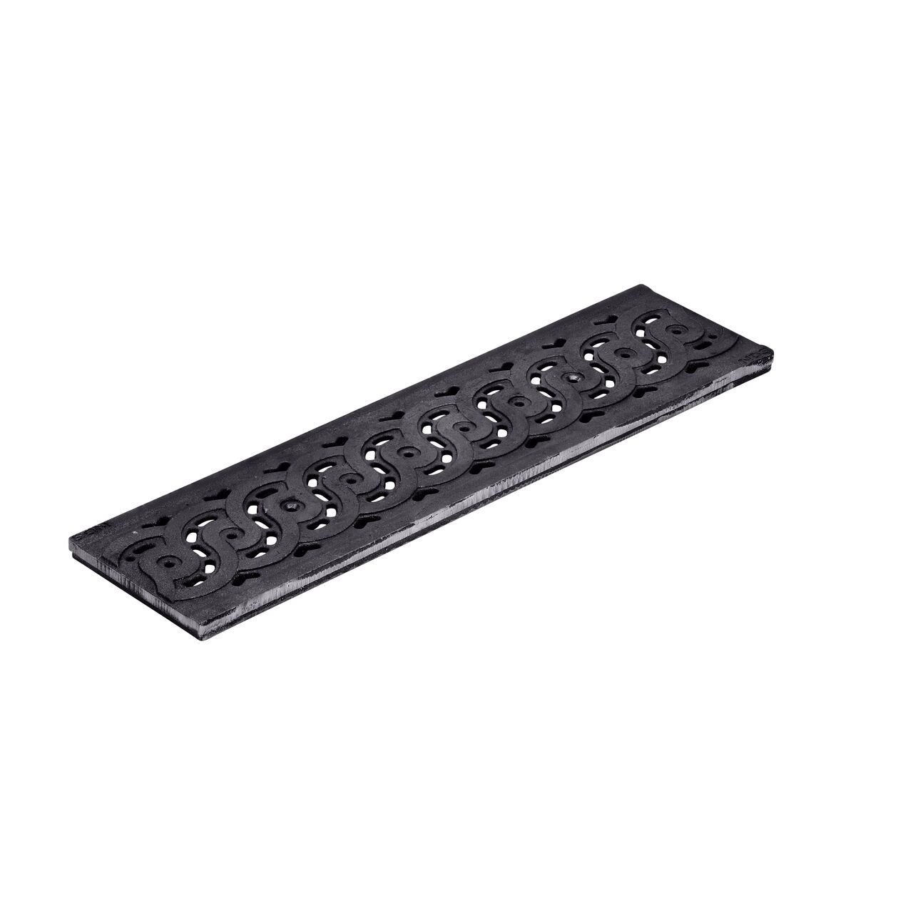 The ductile iron Dura Slope™ Channel Drain Grate (NDS DS-601) is 6 in. wide and 2 ft. long and comes in a decorative weave pattern design