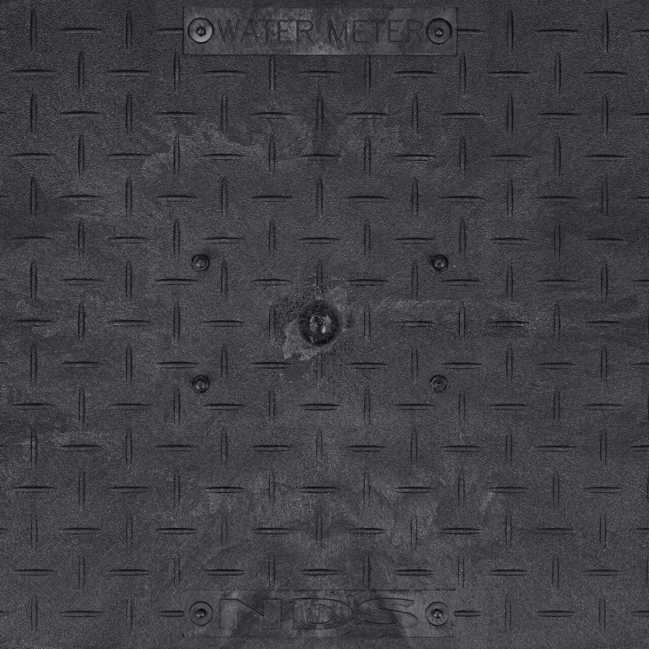 Closeup view of the Water Meter markings on the Black Water Meter Overlapping cover for the NDS 13 in. X 20 in. Rectangular Standard Series Meter Cover (NDS D1500-OLSBL)