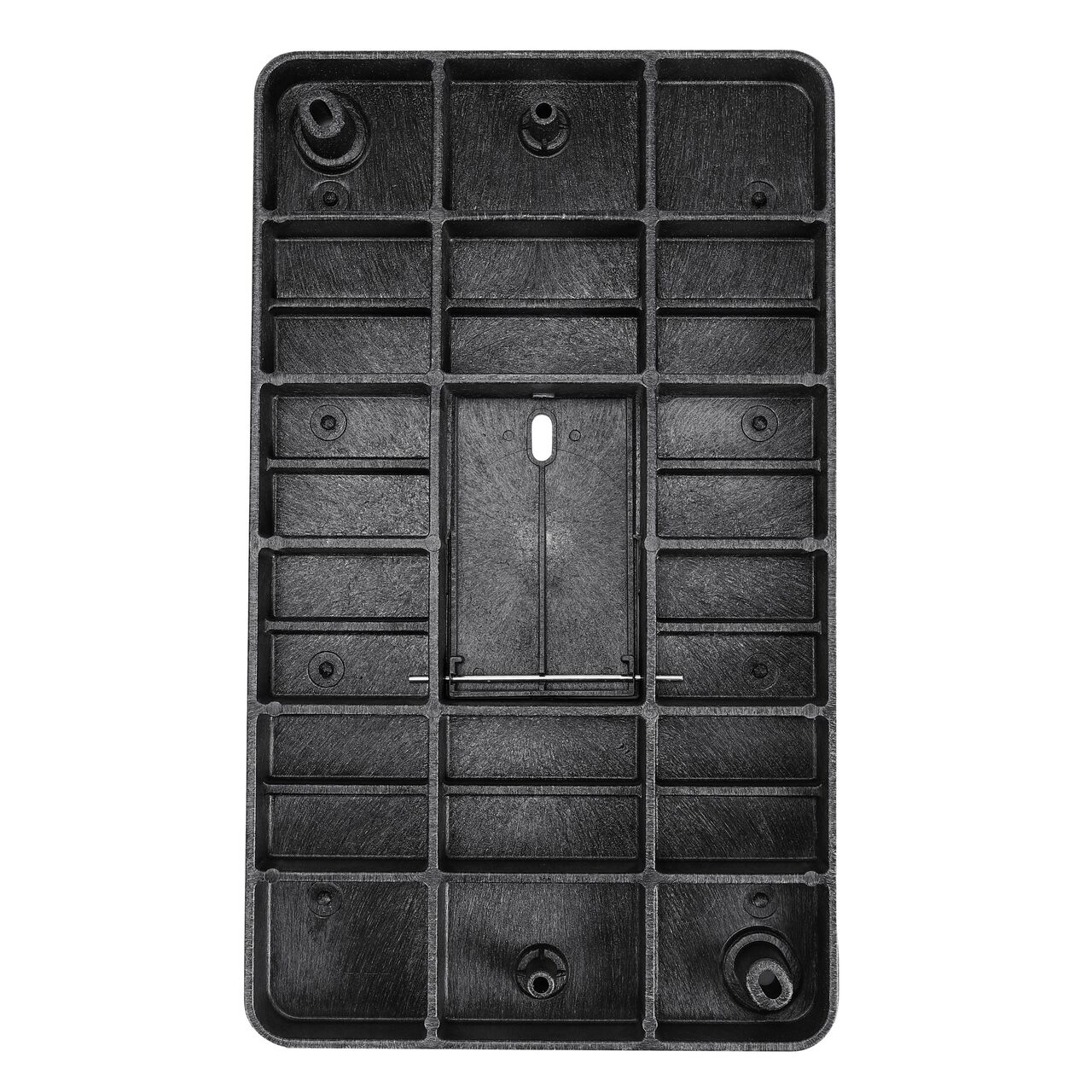 Top down view of the underside side of the Black Water Meter cover (NDS 121BCDMB) for the NDS 13 in. X 24 in. Rectangular Standard Series Meter box with Bolt, showing reinforcing ribs that are load rated to withstand pedestrian traffic and and the hinged reader door for easy access