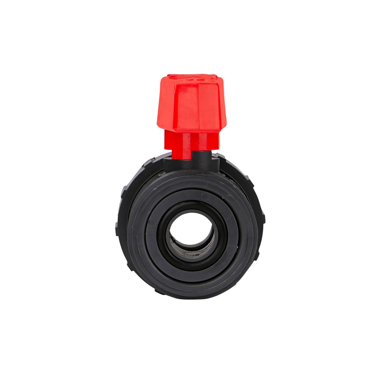The The 3/4 in. PVC Slip & Threaded True Union Ball Valve shown with the connection end removed and with the handle in the open position to allow water to convey through the pipe.