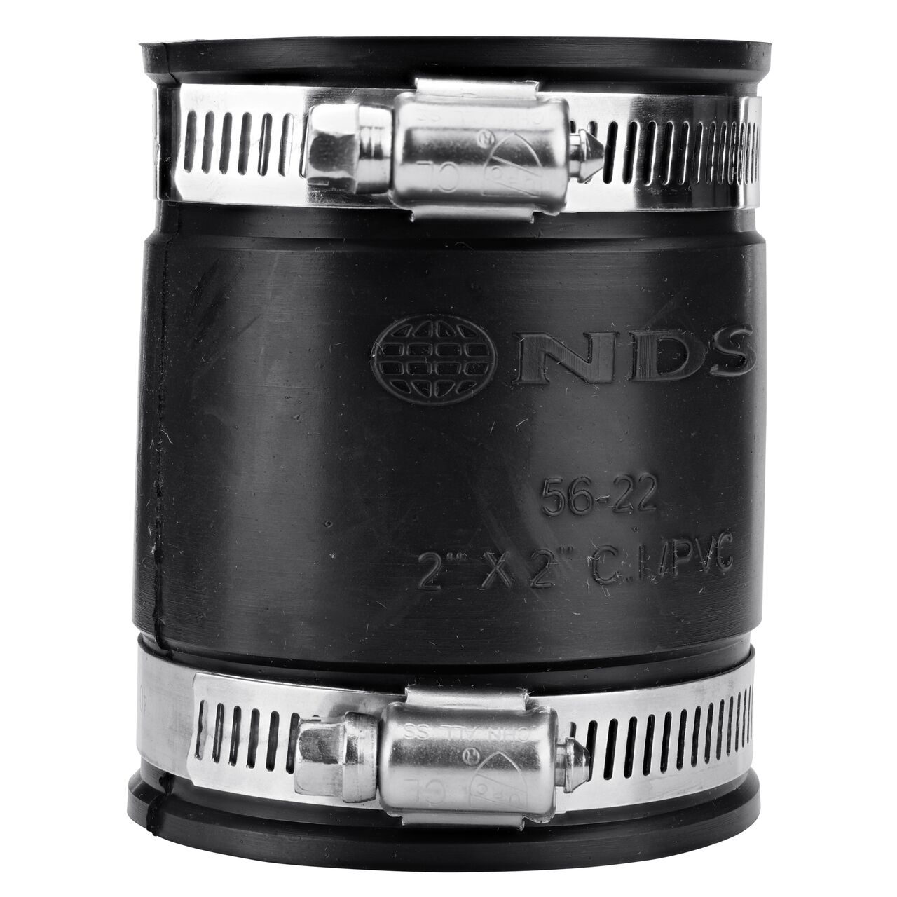 The NDS 2 in. flex coupling, in vertical position, connects two cast iron/sewer and drain or DWV/copper/steel/lead pipes and provides leak-resistant seals with virtually any pipe (NDS 56-22)