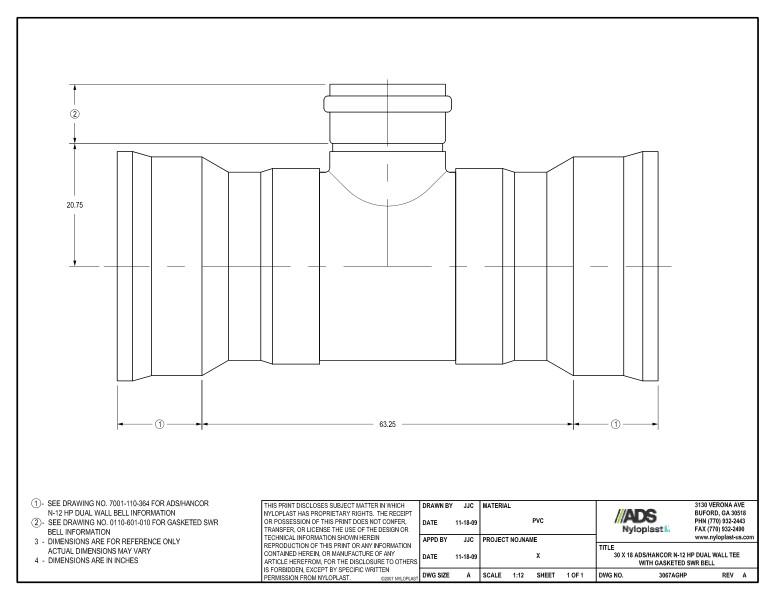 30 x 18 HP Tee with Gasketed SWR Bell Nyloplast Detail