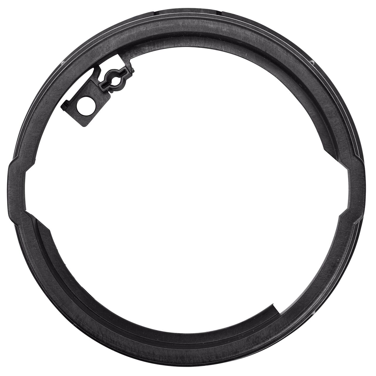 Top down view of the inside of the durable black plastic 10 in. Round Standard Series Valve Box (NDS 111B) showing bolt hole, and twist and lock feature to secure the valve cover to the valve box