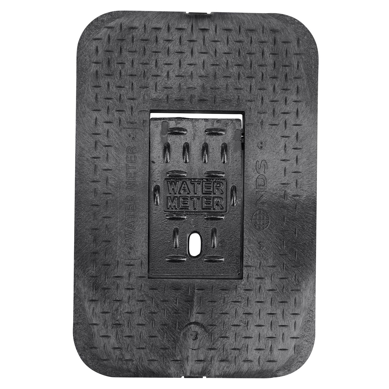 Top down view of the top side of the Black Water Meter Drop-in cover (NDS D1200-DICIRLID) with Cast Iron reader door) for the NDS 14 in. X 19 in. Rectangular Standard Series Meter Boxes