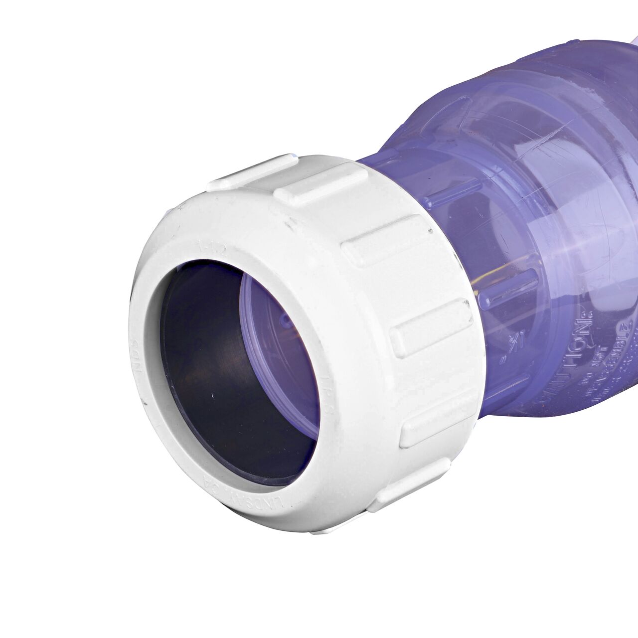 Closeup of outlet compression end of the NDS Clear 1-1/2 in. compression fitting end by compression fitting end PVC Compression Swing Check Valve (NDS 1500C15)