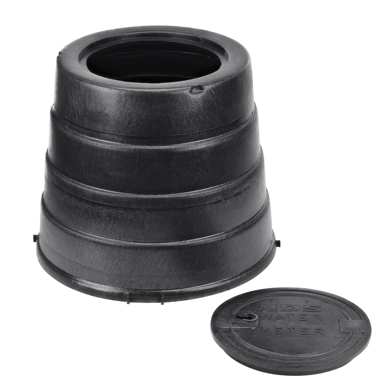Unassembled View of the NDS 16 in. Round Standard Series meter box and black water meter cover (NDS D2400-18LOCSB)