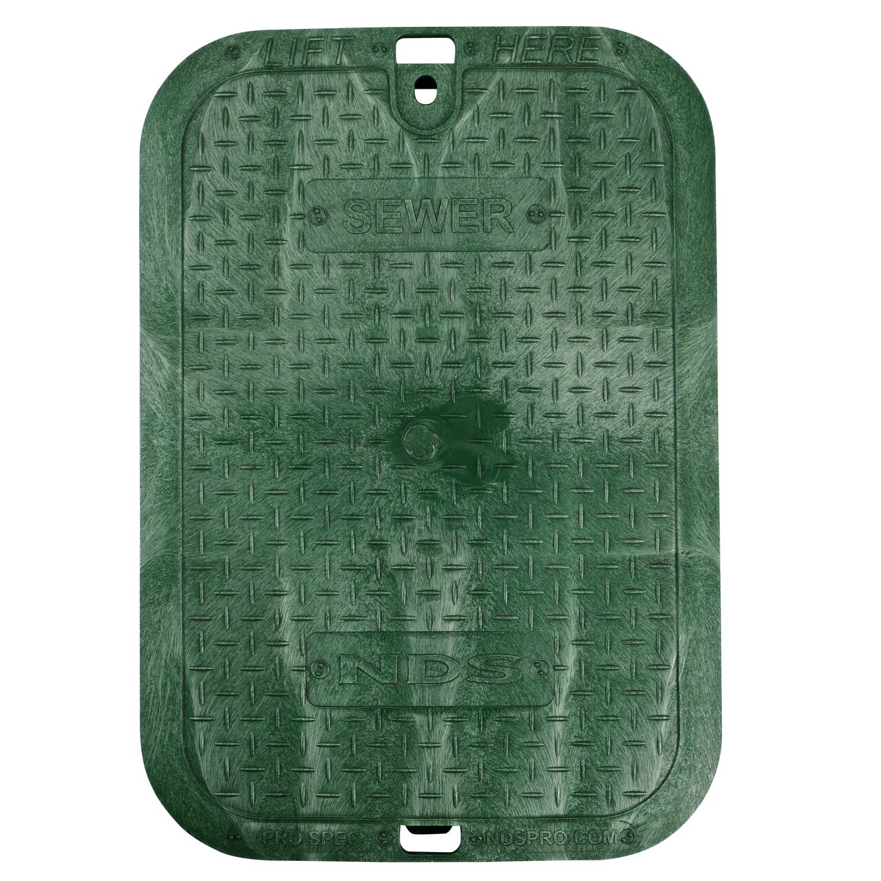 Top down view of the top side of the Green Sewer cover (NDS 314CS) for the NDS 14 in. X 19 in. Rectangular Pro-Spec® Series