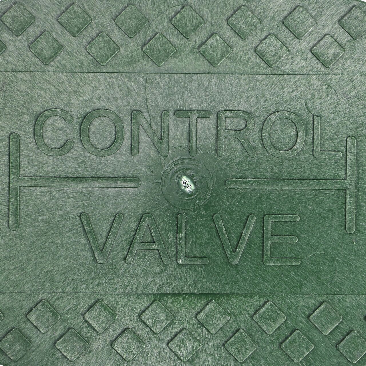 Closeup view of the Control Valve markings on the Green Control Valve cover (NDS M2-SG-LID) for the NDS 8 in. X 12 in. Oval Standard Series Valve Box
